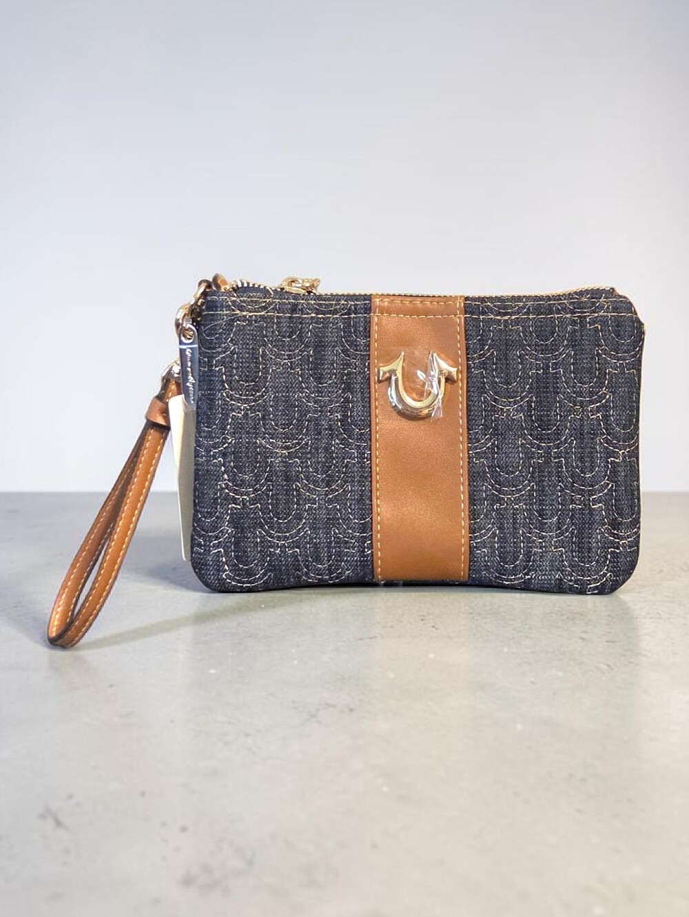 True Religion Quilted Horseshoe Denim Wristlet w/Tan Leather Accent, NWT